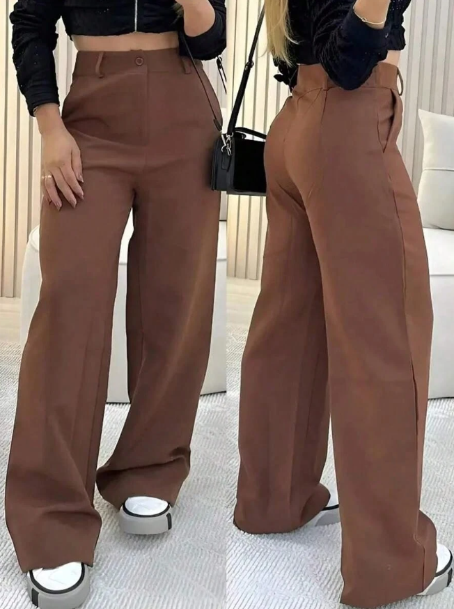 Calça Pantalona Feminina Alfataria com Botão e Ziper Wide Leg