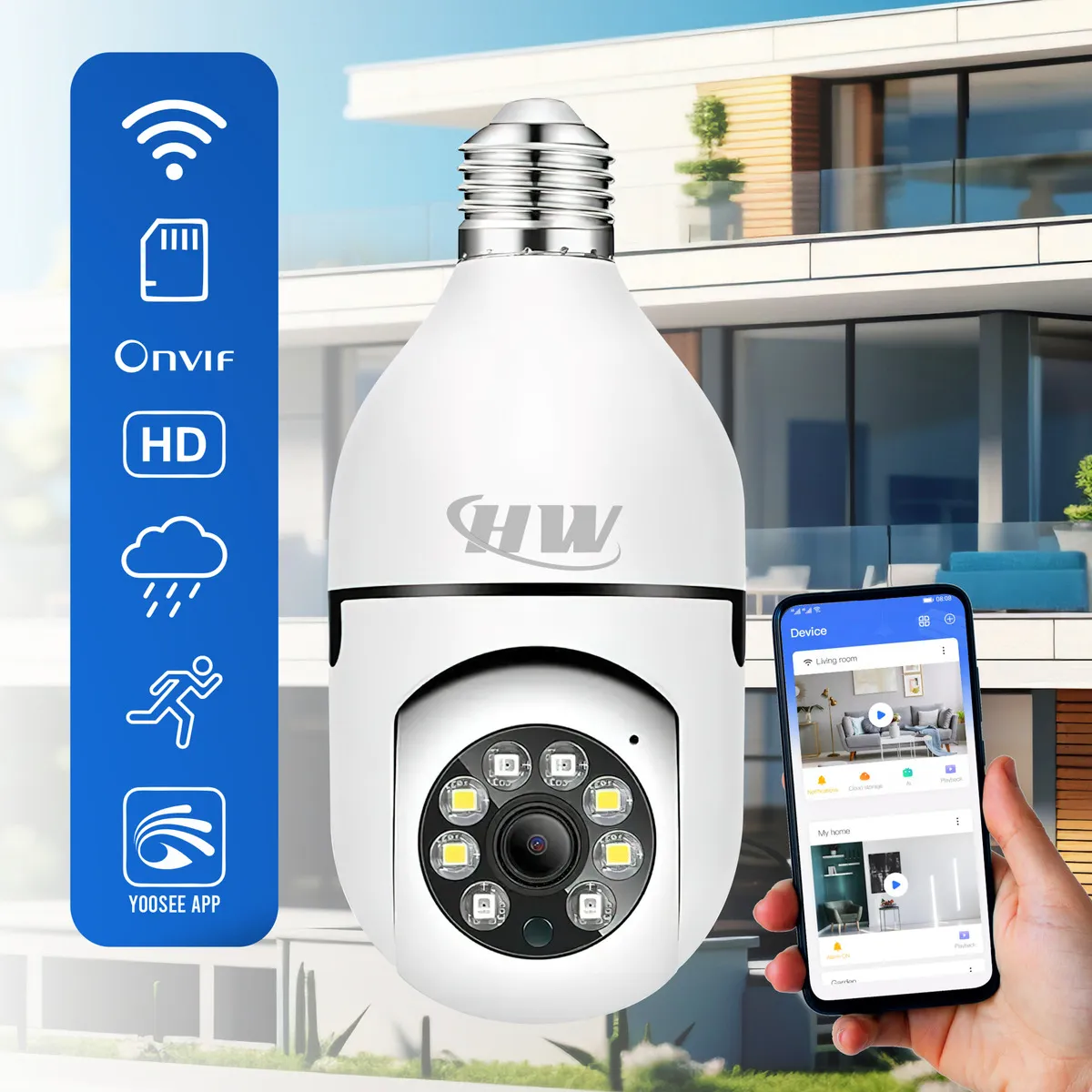 Câmera De Segurança Wi-fi 360° Hw Lâmpada E27 Full Hd Visão Noturna Colorida Áudio Sensor Movimento