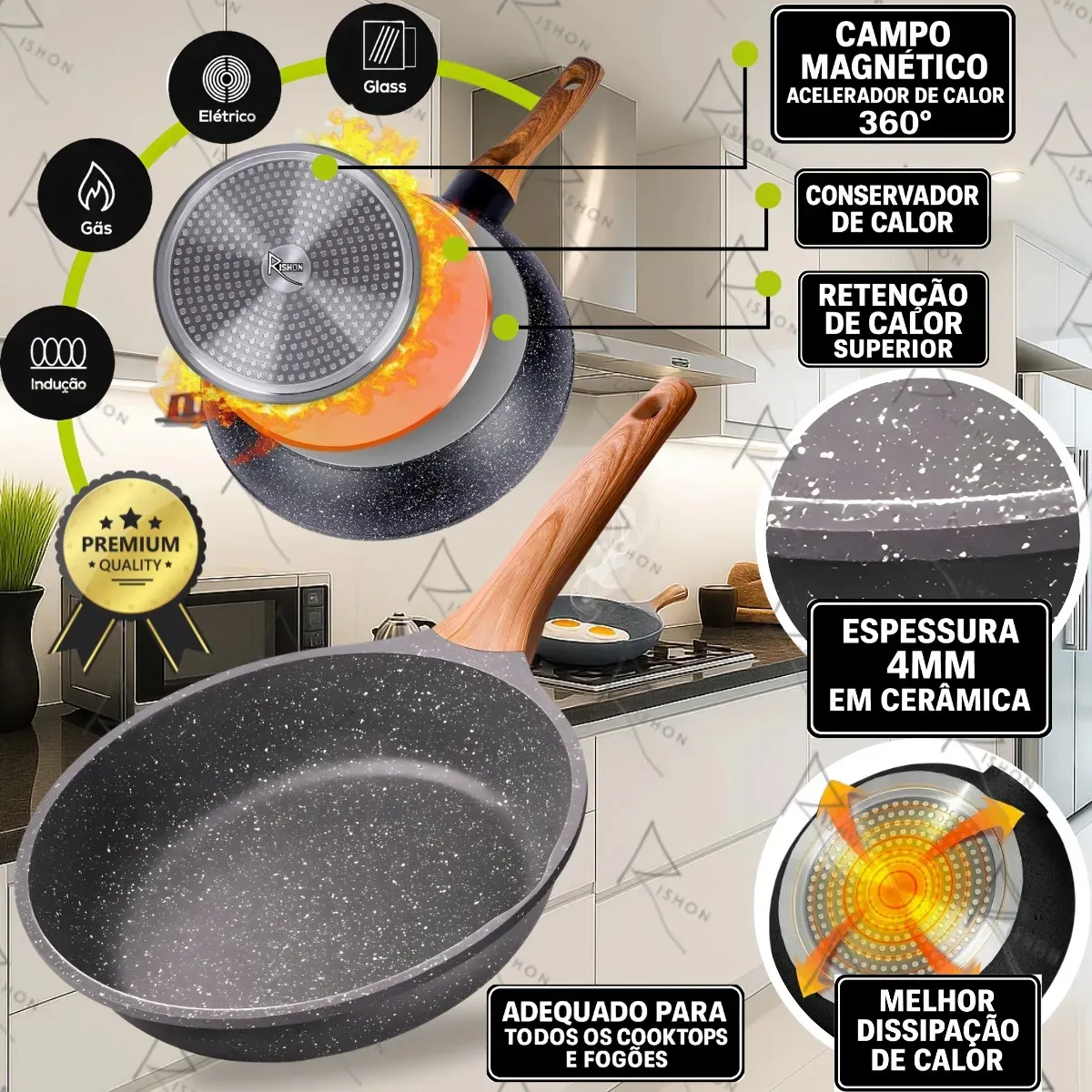 Frigideira Cerâmica Antiaderente Grande, Frita Sem Óleo Não Gruda - Rishon