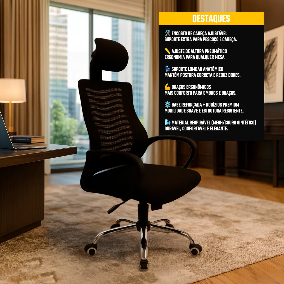 Cadeira De Escritório Ergonômica Diretor Mesh Com Encosto Preto