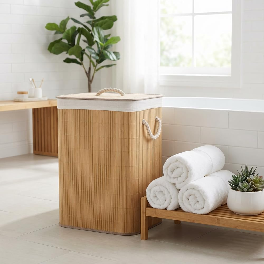 Cesto Roupas Sujas Bambu Grande Retangular Forrado Banheiro Caixa Organizadora 72 Litros Cesto De Bambu Natural Forro De Linho