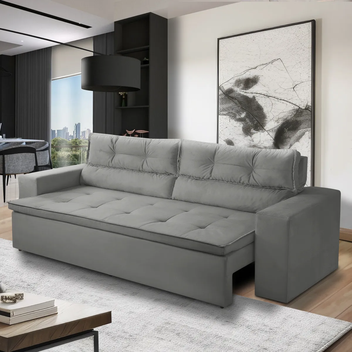 Sofá Retrátil Reclinável 3 Lugares C Molas 1,80m Vegas Suede Cor Cinza