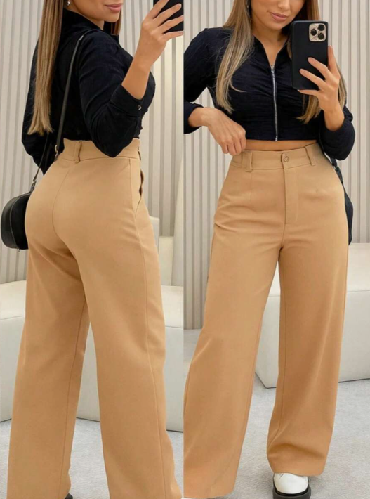 Calça Feminina Alfataria pantalona com Botão e Ziper Wide Leg
