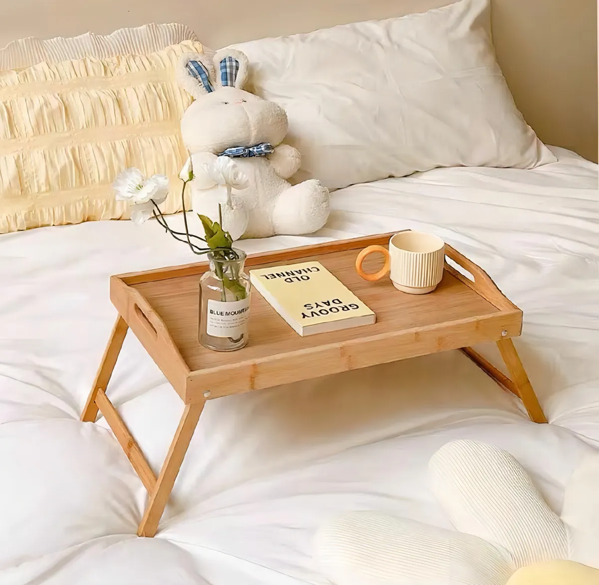 Bandeja Denise Bambu Retangular Com Pés Dobráveis Café Da Manhã Na Cama