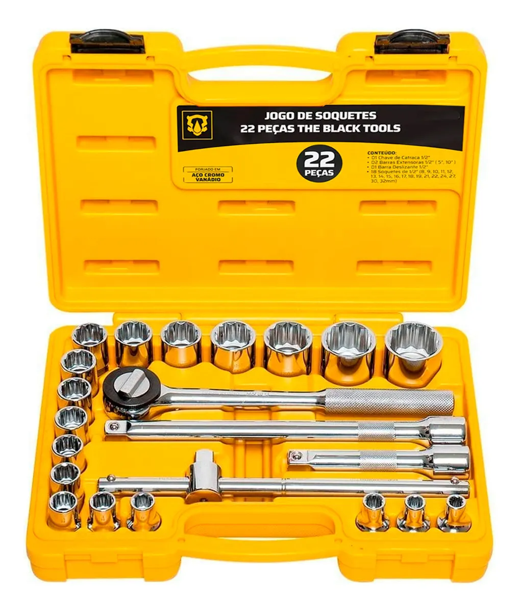 Jogo Kit De Soquetes Ferramentas Manuais Chave Catraca Reversível 1/2 Pol 8 A 32mm Cor Amarelo Bcs022 The Black Tools