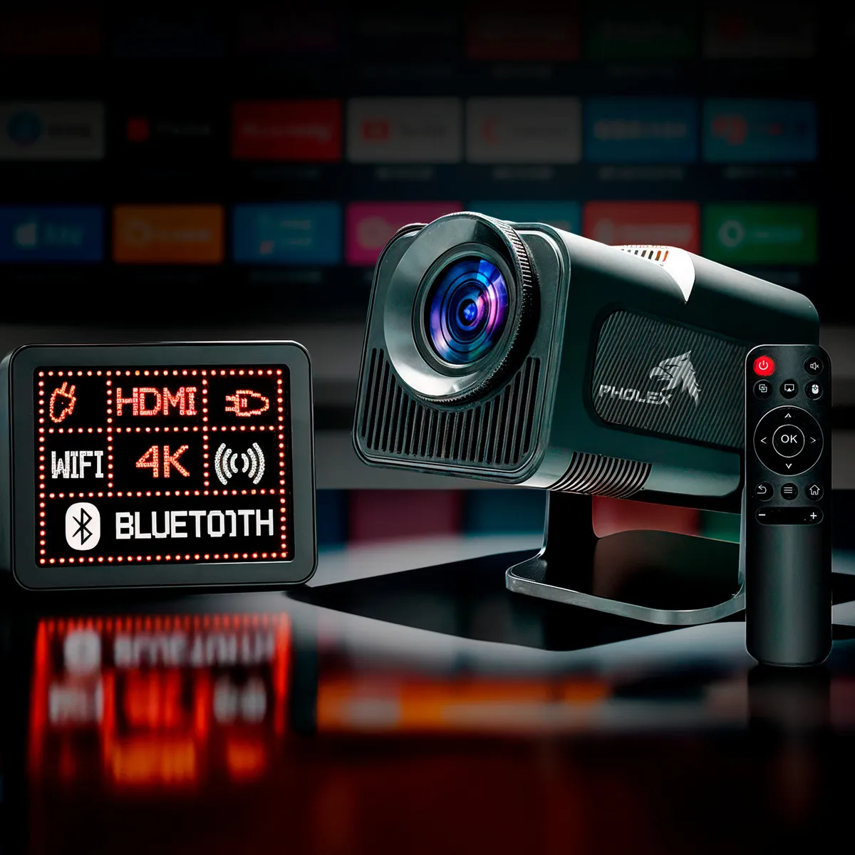 Projetor HY 320 Smart Pholex Full HD 4K Android 11 WiFi Bluetooth Mini Projetor Alta Luminosidade Home Theater Preto Imagem Nítida Som Potente