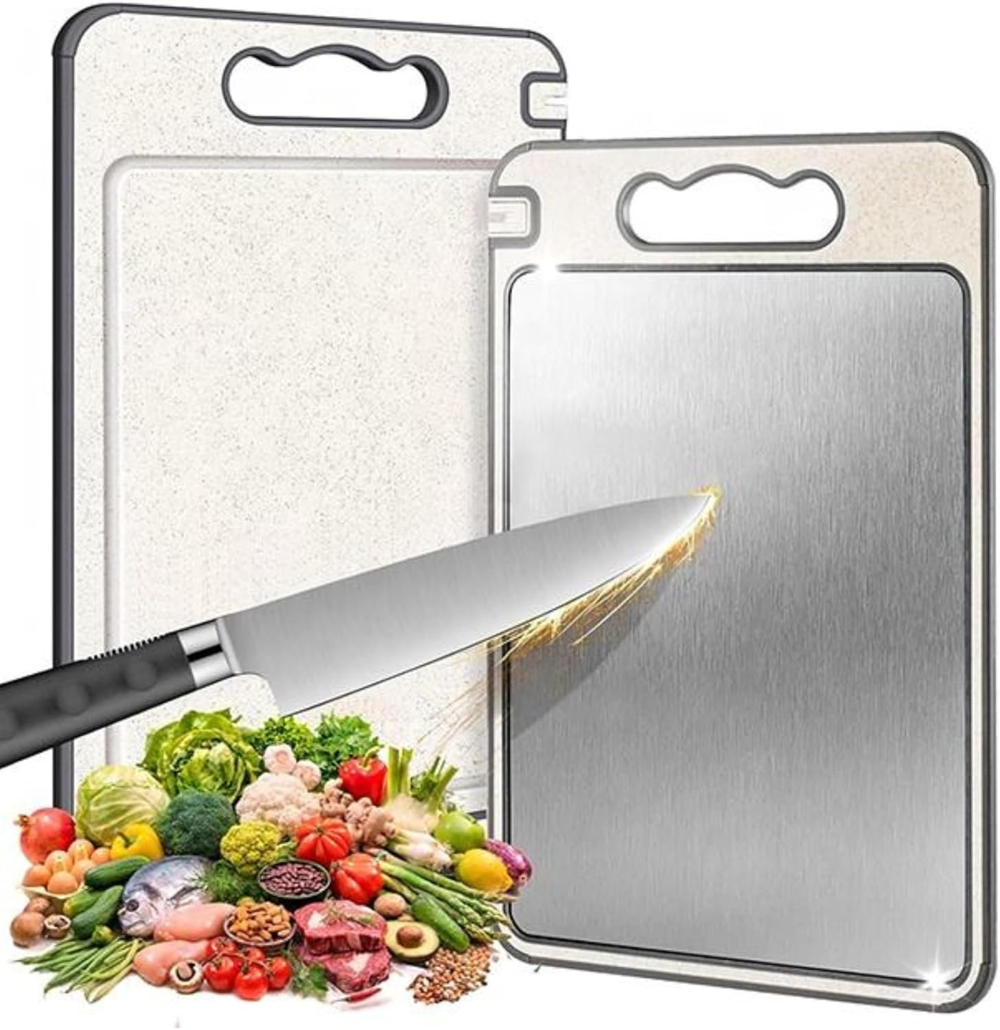 Tábua de Corte Inox Cozinha Dupla Face Aço Inoxidável e PP, Superfície Higiênica para Carnes, Frutas e Vegetais, Afiador Integrado Base Antiderrapante e Alça Ergonômica Premium