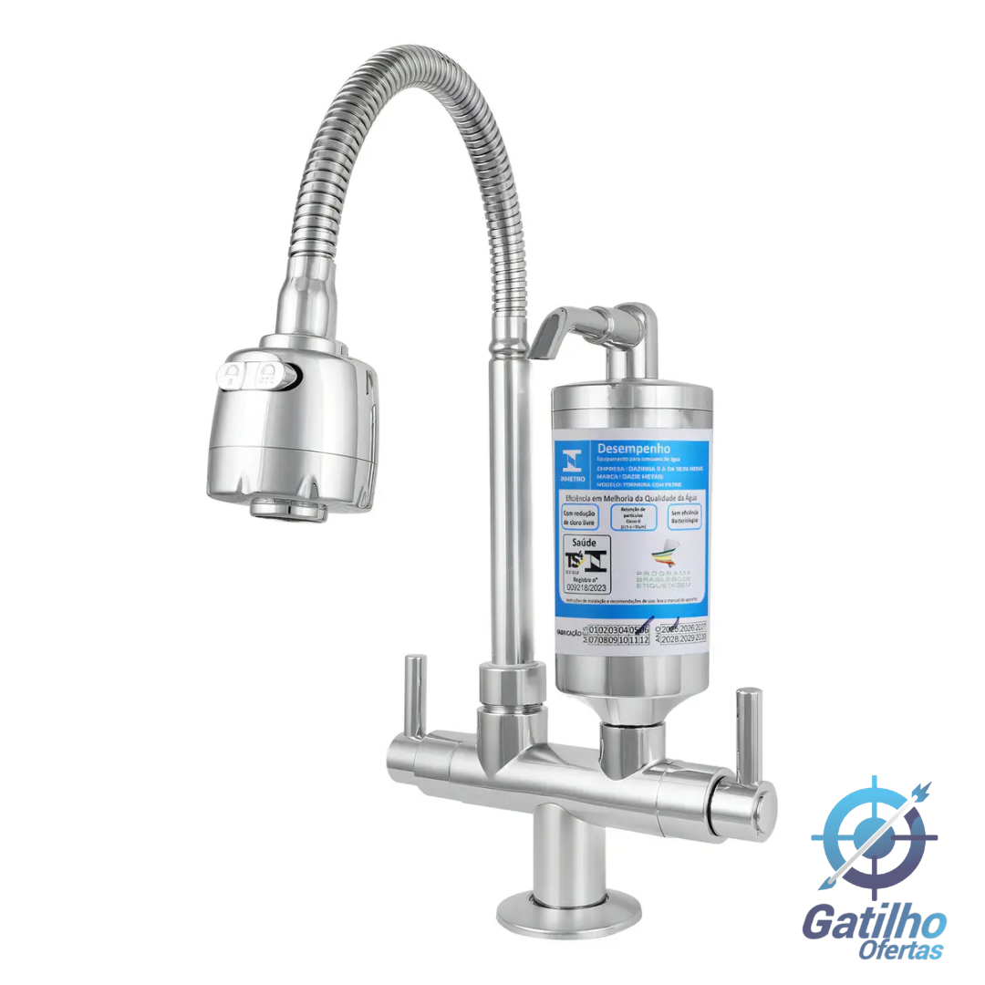 Torneira Com Filtro Cozinha Para Pia Bancada Mesa Flexível Móvel Em Abs Cromado Filtro Carbon Block Purificador de agua Dazie Metais