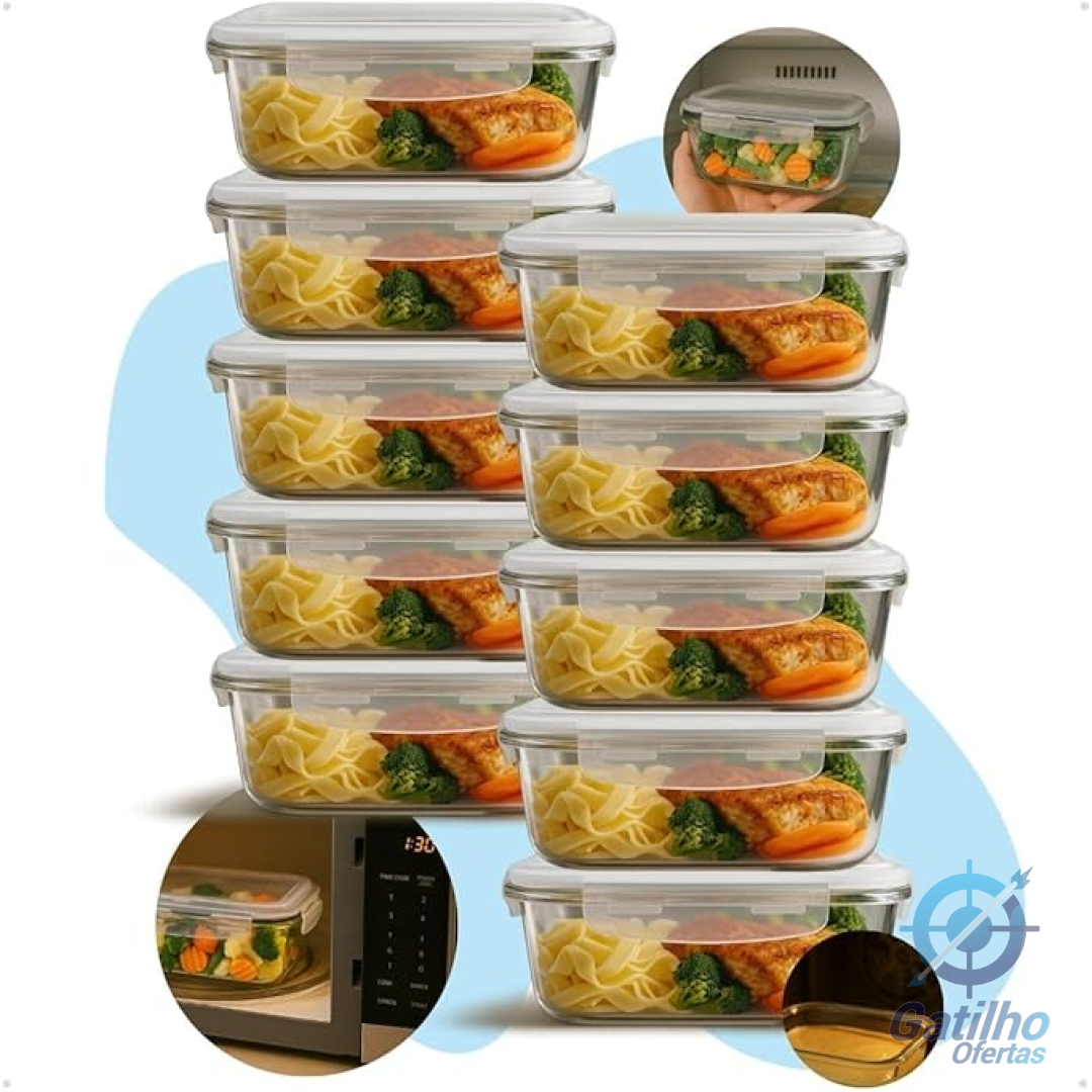 Kit 10 Potes Herméticos de Vidro 640ml Refratário para Forno Ideal para Marmitas e Conservação de Alimentos