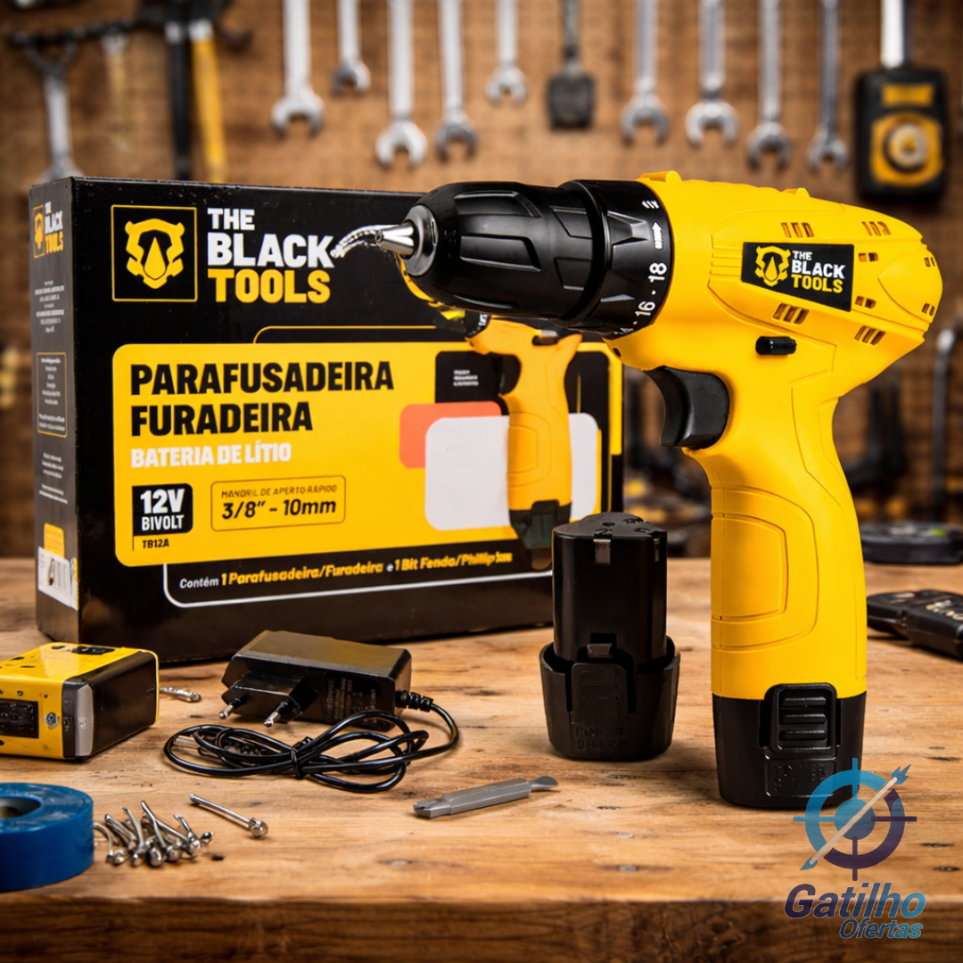Parafusadeira Furadeira The Black Tools TB12A 3/8 a Bateria Cor Amarelo Frequência 60Hz