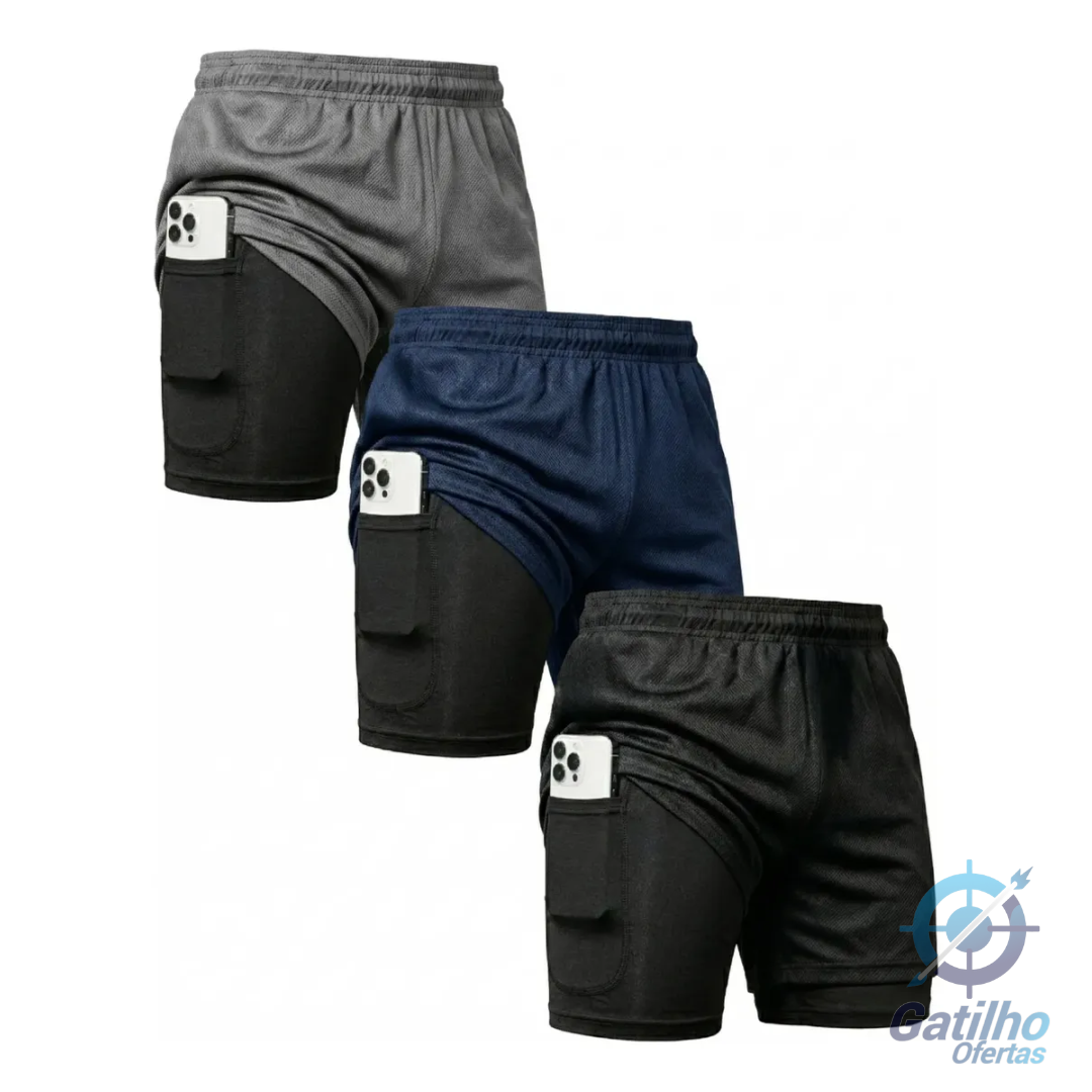 Kit 3 Shorts 2 Em 1 Duplo Bolso Para Academia Treino Corrida