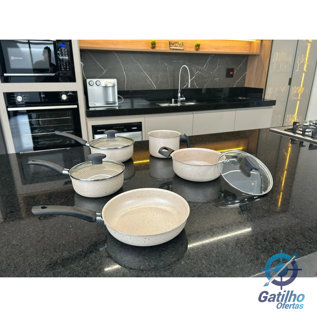 Jogo De Panelas 8 Peças Teflon Antiaderente C Tampa De Vidro Cor Ceramic