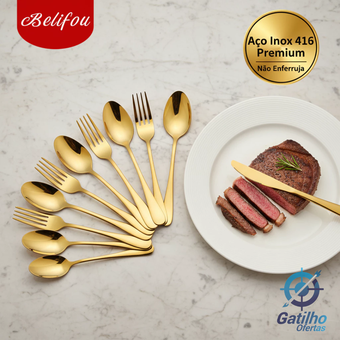 Belifou Kit 16/18/24 Jogo De Talheres Para Bife Aço Inoxidável 416 Dourados Colher Pequena