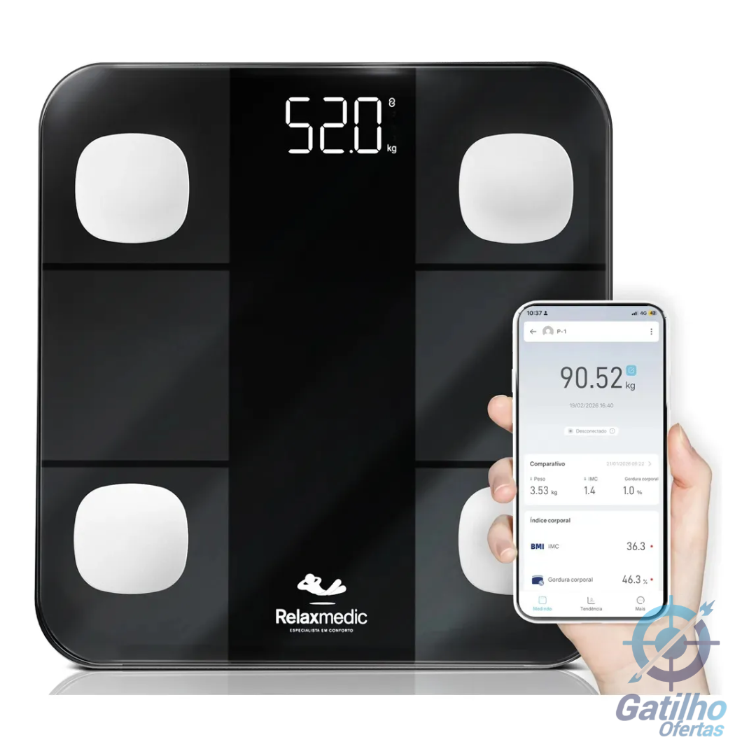 Balança Digital Corporal Bioimpedância Aplicativo Bluetooth Relaxmedic