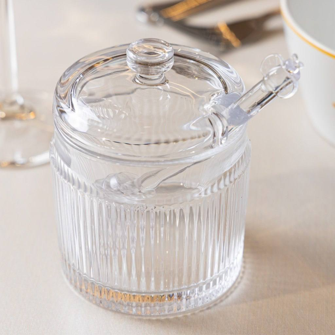 Meleira com Pegador e Tampa Lines 10cm Vidro Wolff para Mel Mesa Posta Servir Café da Manhã Açúcar Organização Elegante