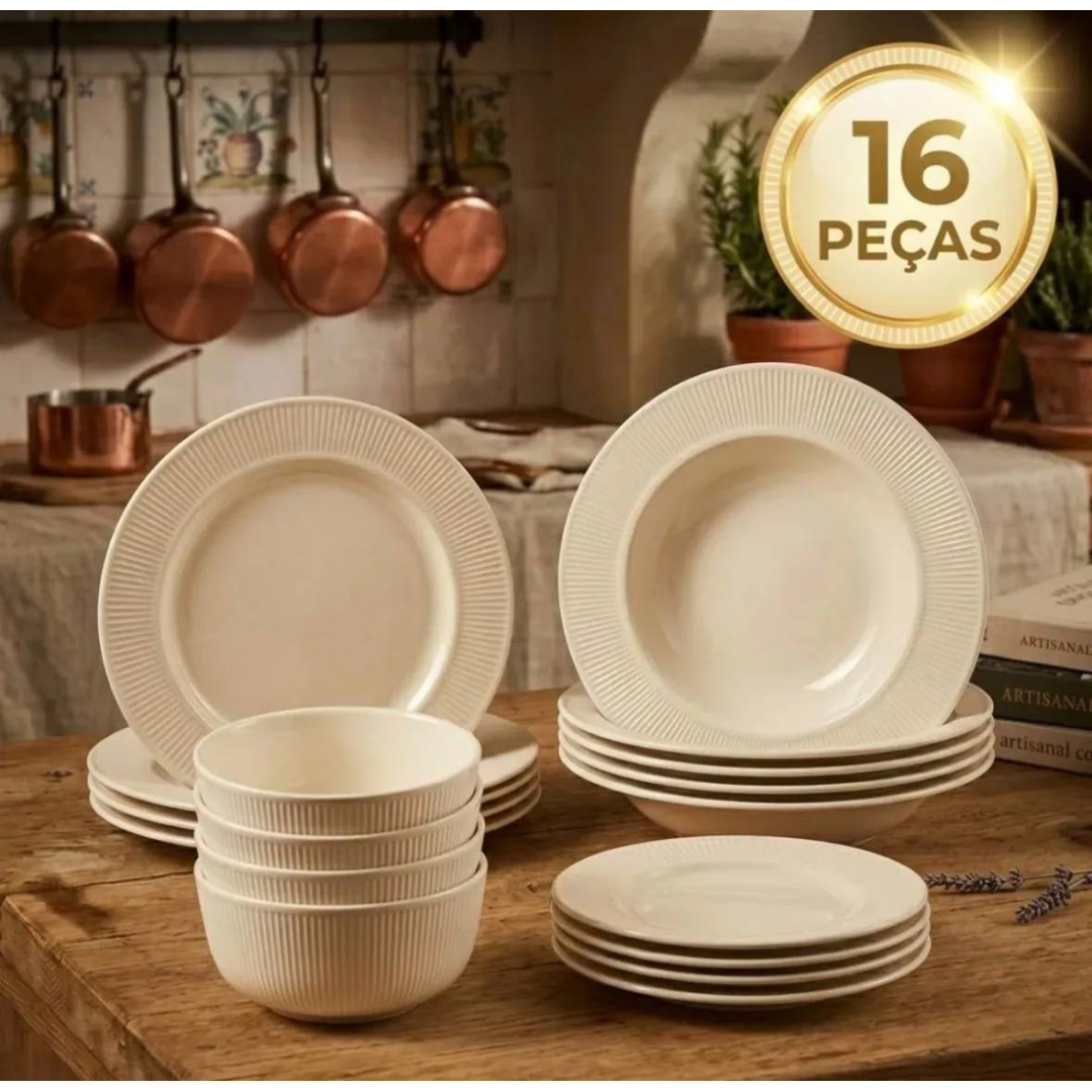 Aparelho De Jantar Kit 16 Peças Vidro Branco Jogo Pratos E Bowl Canelado Mesa Resistente Pítia