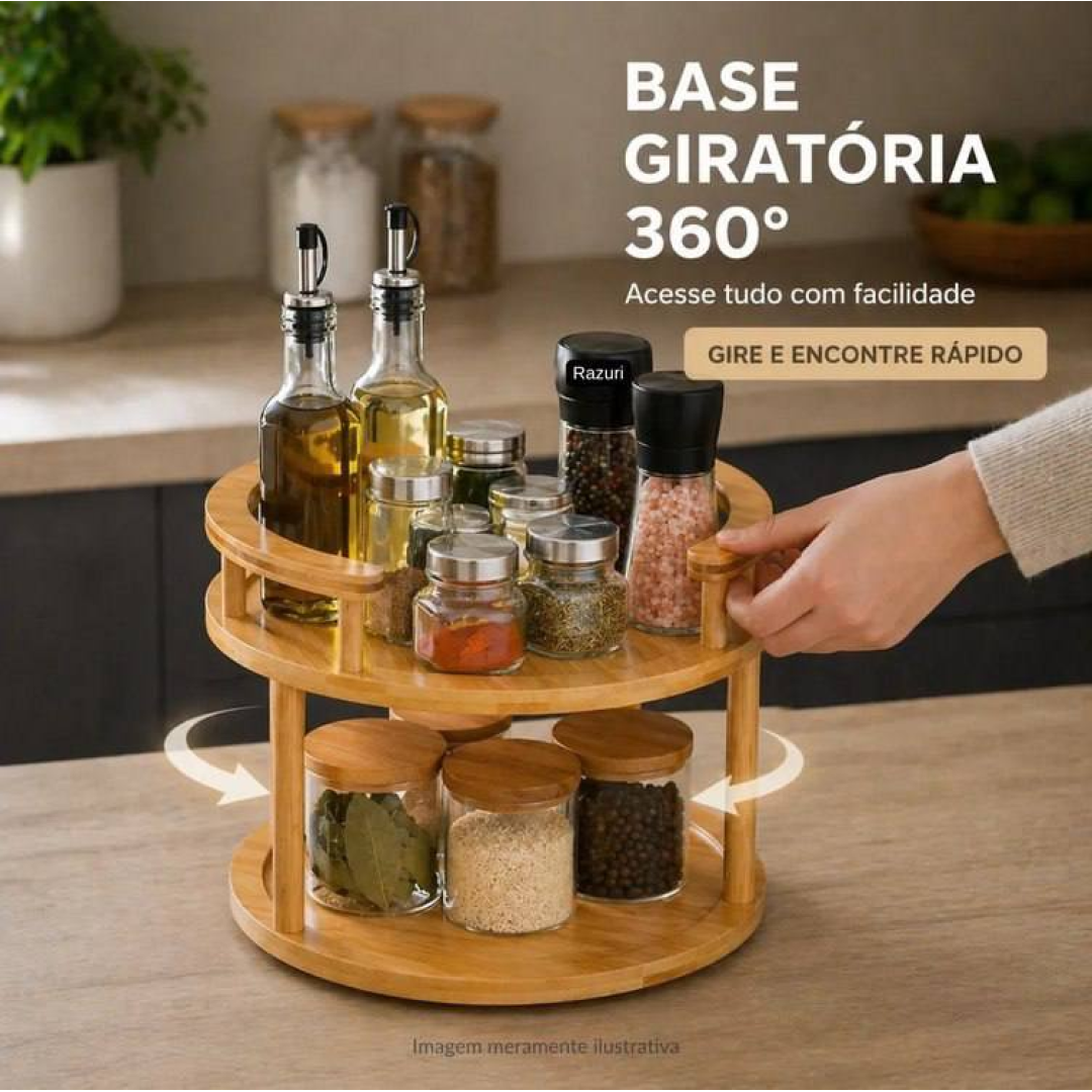 Organizador Giratório 2 Andares Suporte Bambu Cozinha Casa Bambu