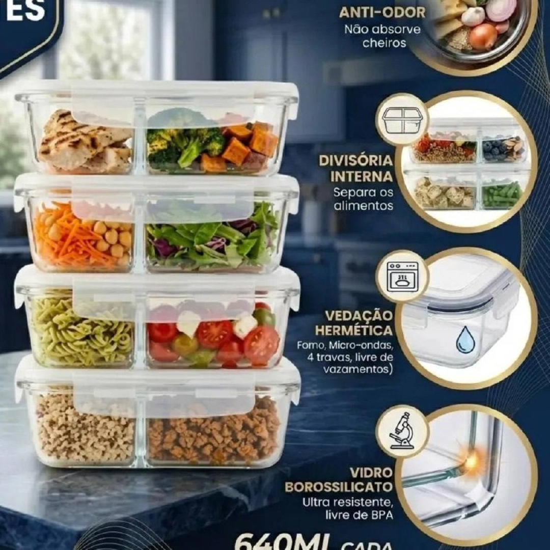 Kit 4 Potes de Vidro com Divisória 640ml Hermético Fitness Refratário Pítia