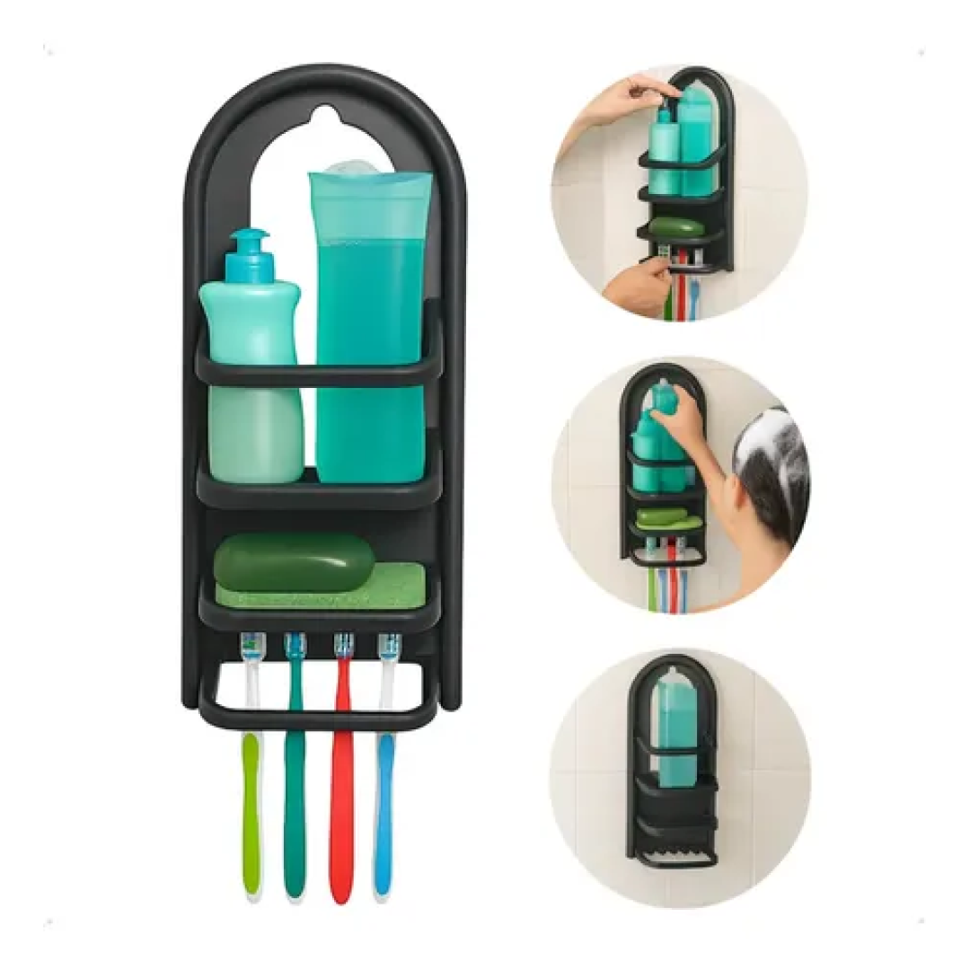 Porta Shampoo Prateleira Plástico 39,6cm De Pendurar Preto Organizador Para Banheiro Suporte Shampoo Condicionador Sabonete Instalação Fácil Sem Furo Ideal Box Chuveiro Plástico Resistente Organização