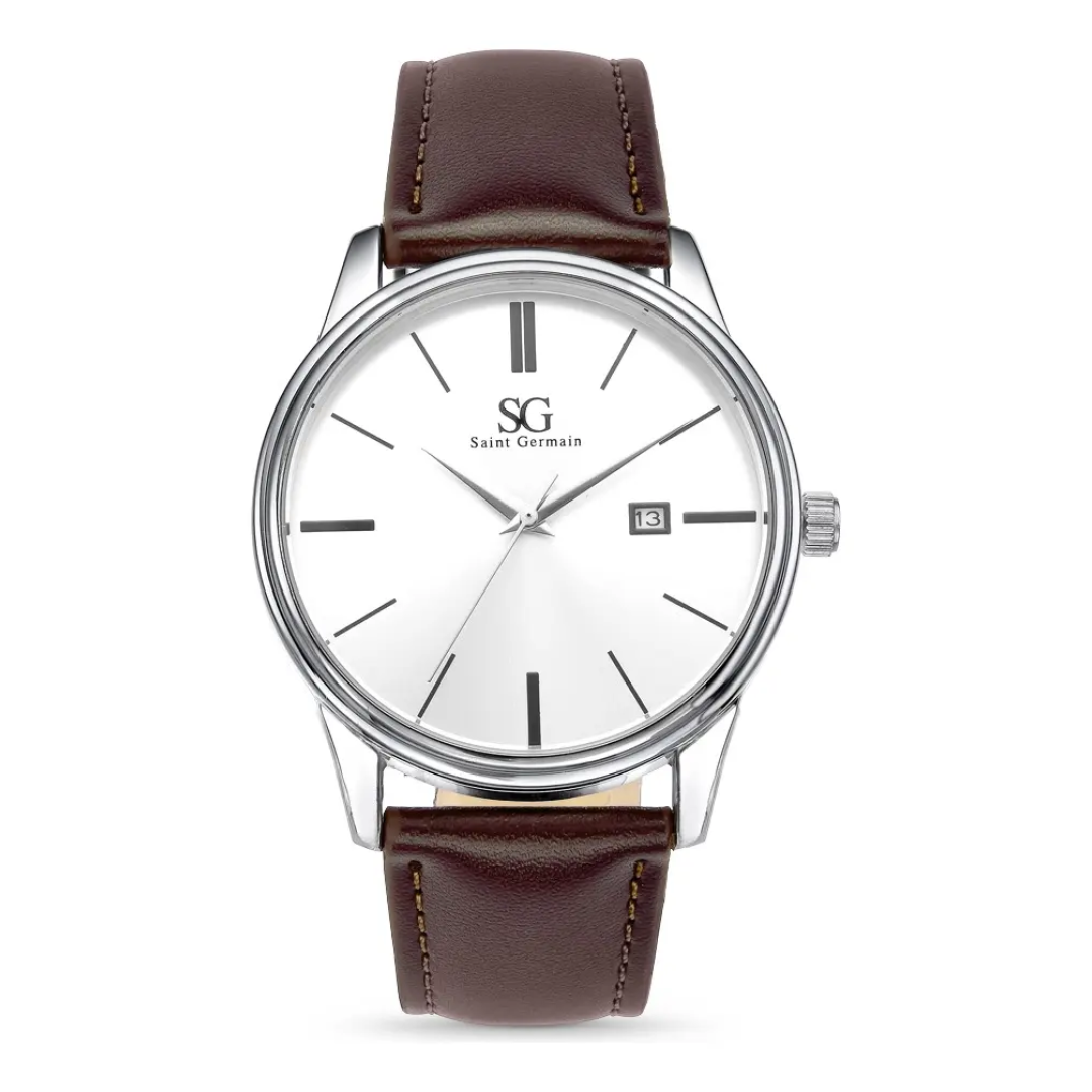 Relógio Masculino Couro Marrom Prata Saint Germain 42mm