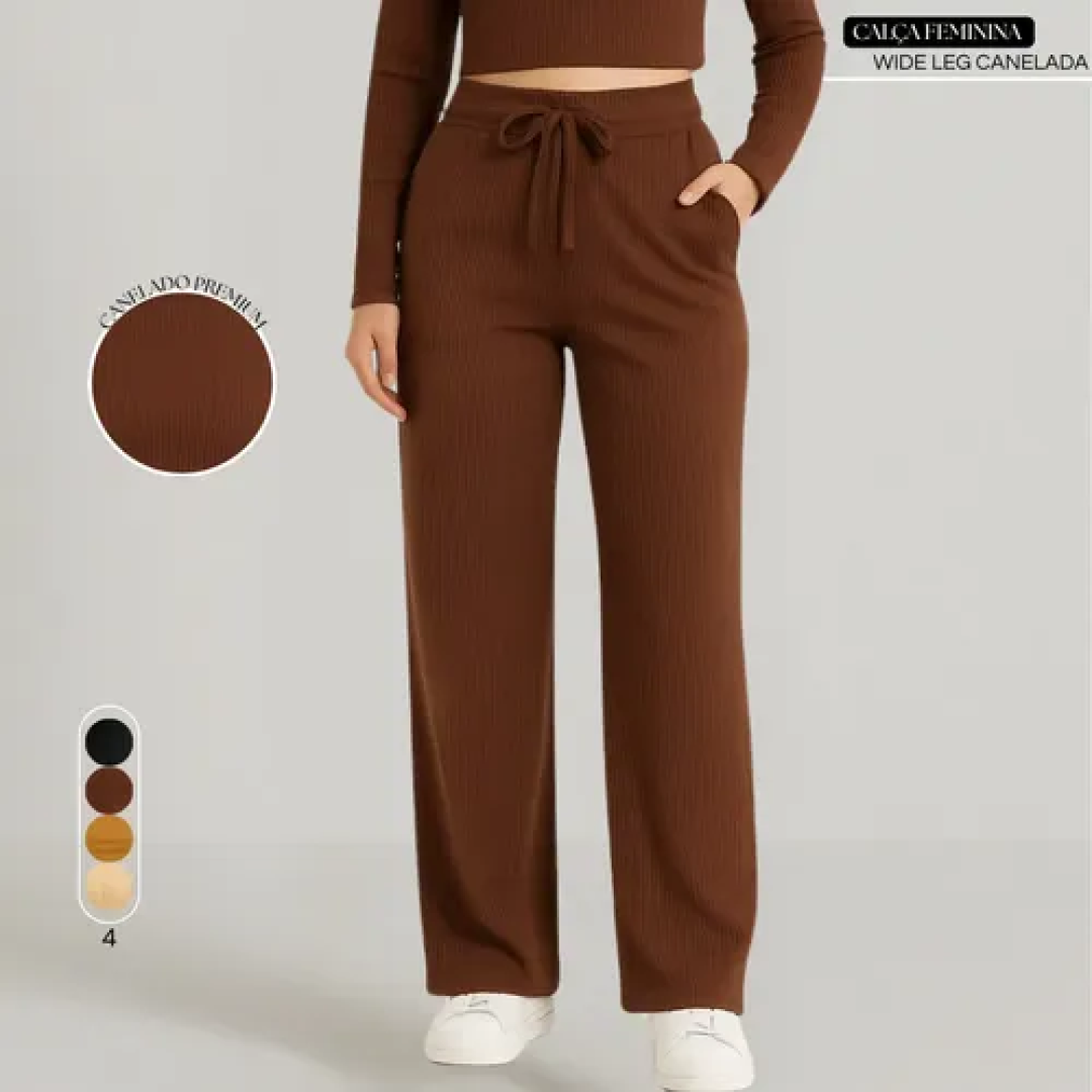 Calça Pantalona Wide Leg Feminino Cintura Alta Canelado