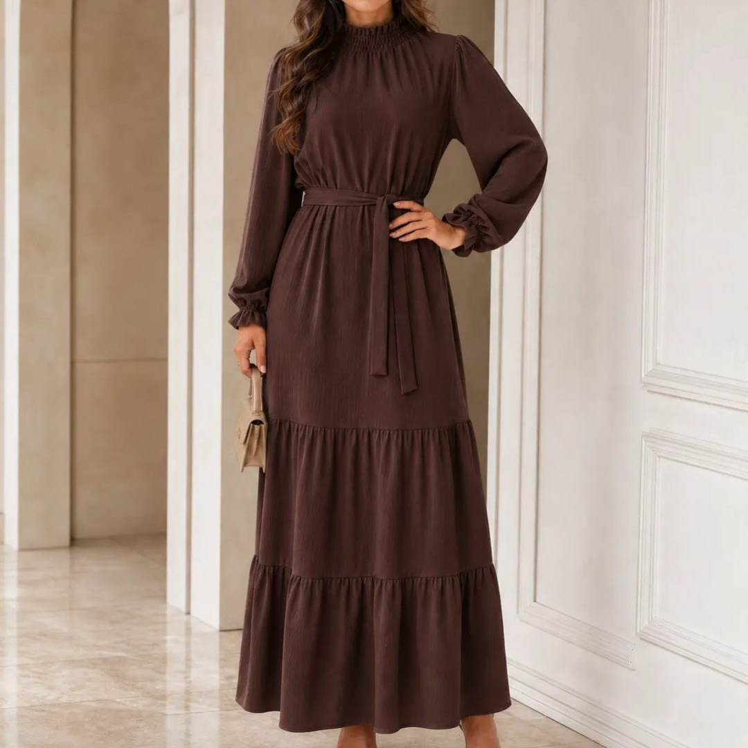 Vestido Longo Feminino Manga Longa Gola Alta Evangélico Luxo