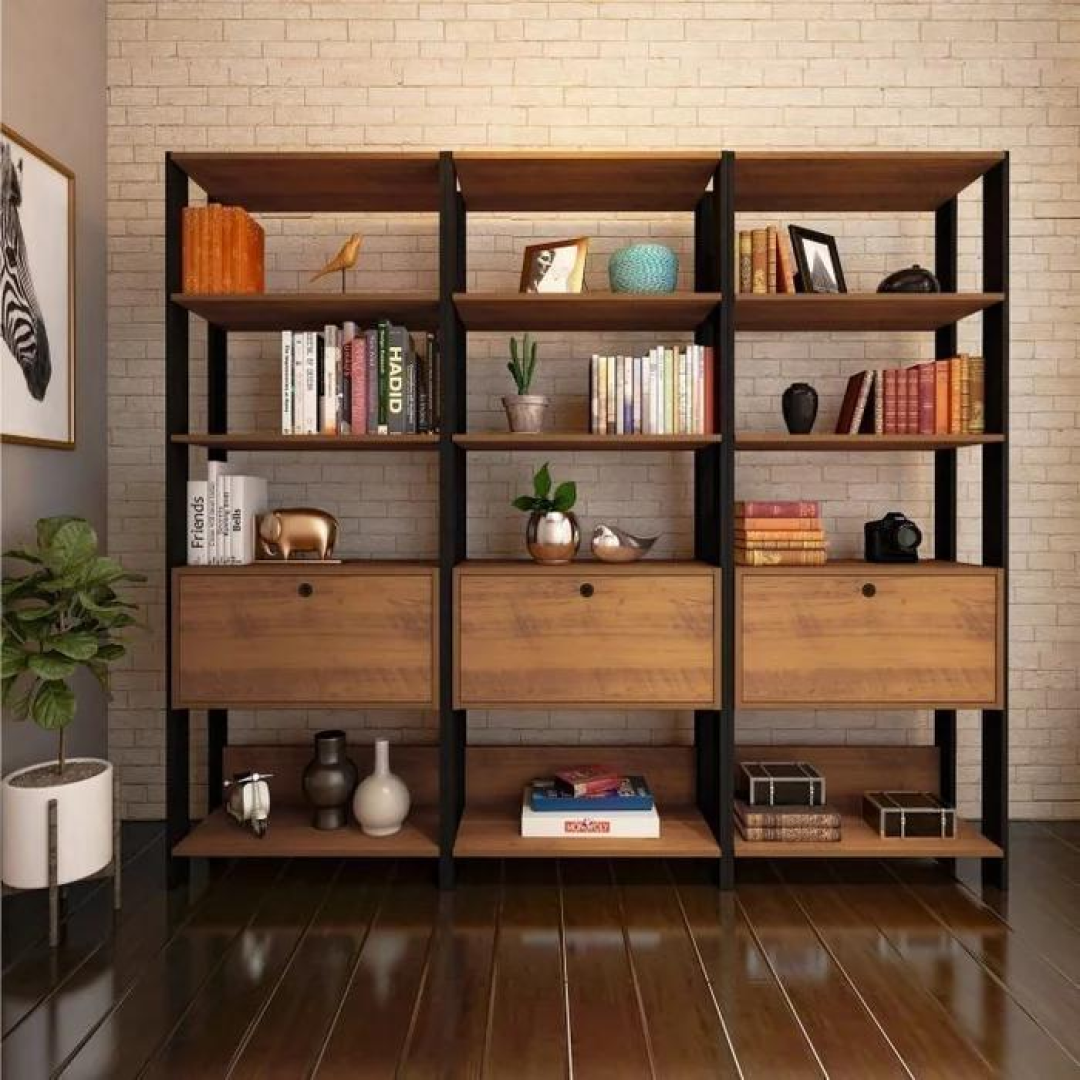 Estante Elegante 3 Torres com 1 Gaveteiro e 2 Porta 2,16 MT (LARG) cor Freijo com Preto Fosco - 52832 Sun House