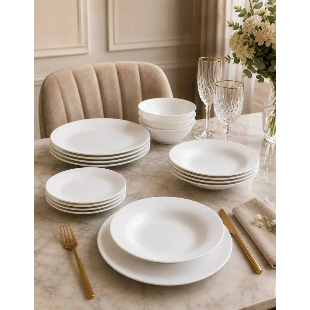 Aparelho De Jantar Kit Com 16 Peças em Vidro Branco Jogo Pratos Raso Fundo E Bowl Opalino Mesa Resistente Luxo