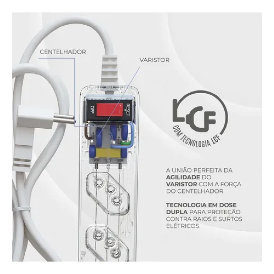 iCLAMPER Energia 5 Tomadas LCF Transparente Filtro de Linha e Protetor Elétrico DPS Bivolt