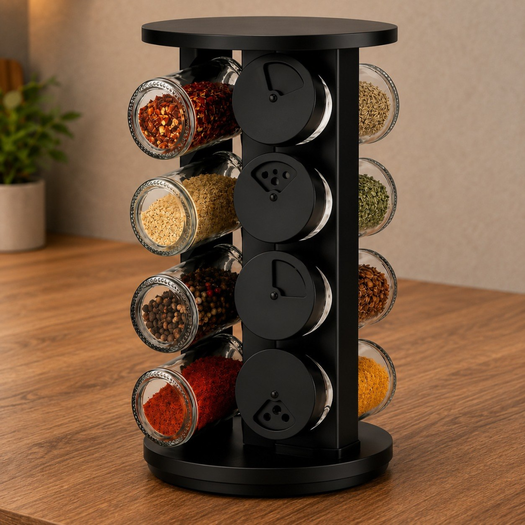 Porta Temperos Giratório com 8 Potes de Vidro