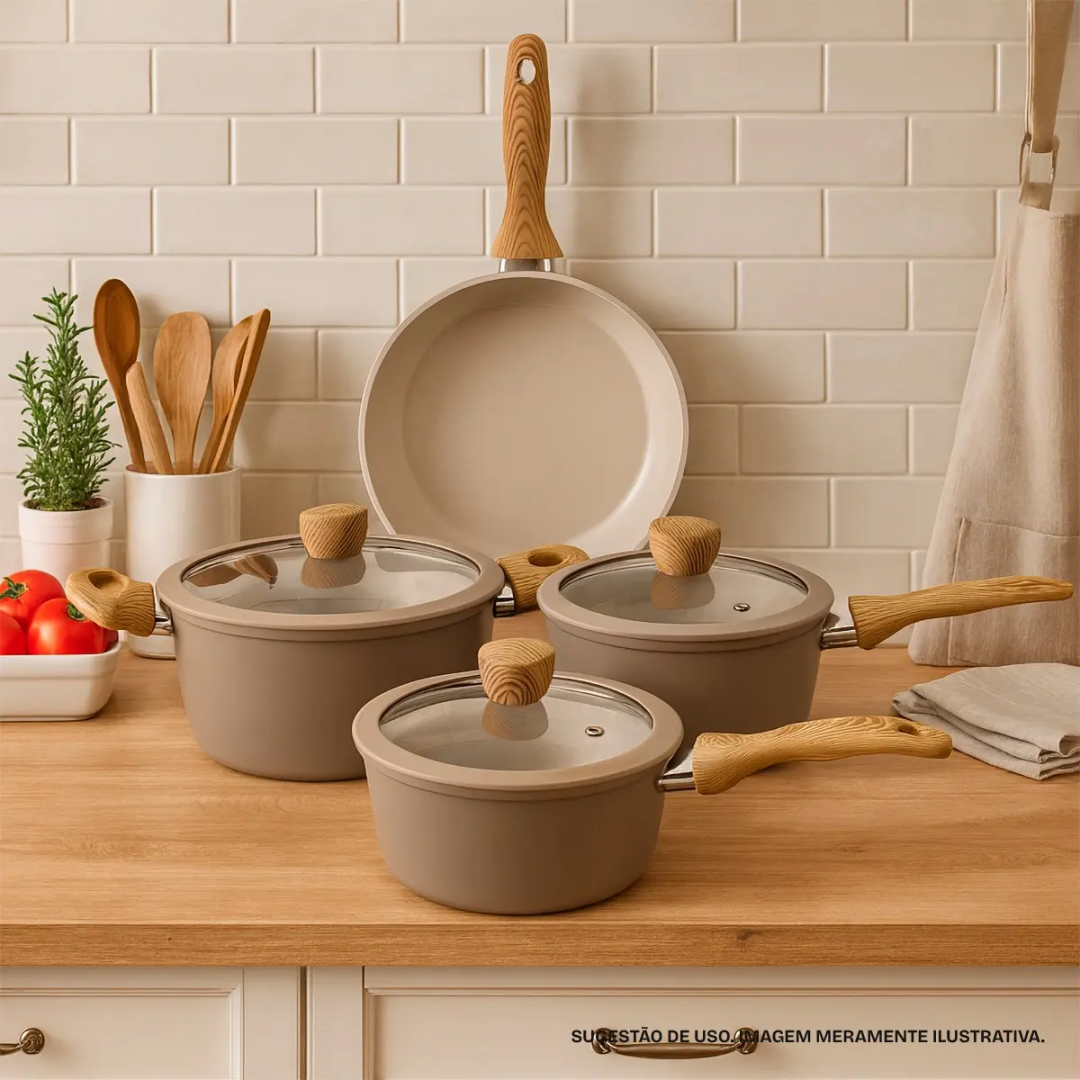 Conjunto De Panelas 4 Peças Bege Antiaderente, Compatível Com Fogão A Gás E Indução Panelas Modernas, Resistentes, Fáceis De Limpar E Ideais Para Cozinhar Bem - Jhamba