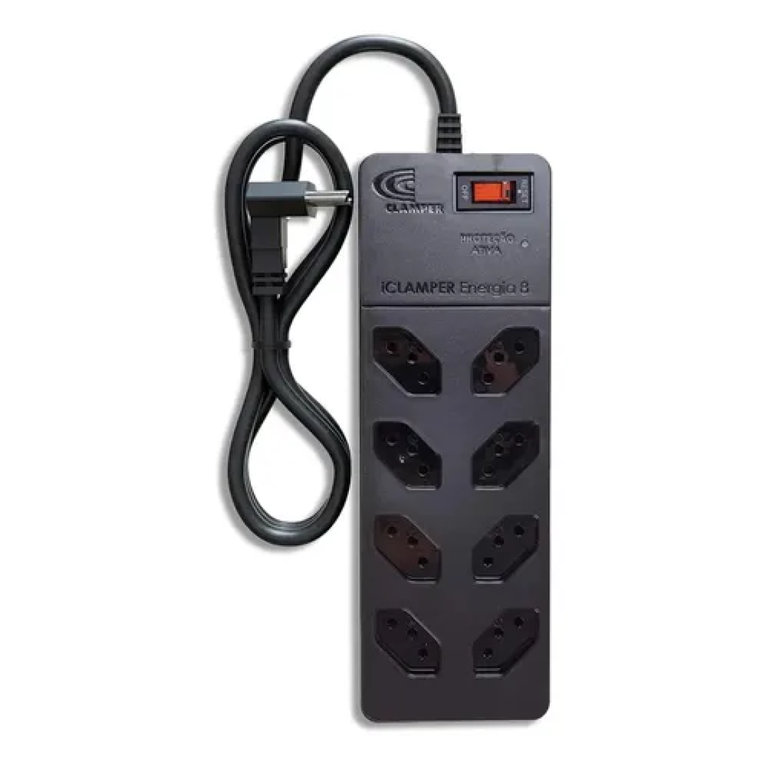 Filtro de Linha com Protetor de Surto DPS iCLAMPER Energia 8 Tomadas 3 Pinos 10 Amperes com Tecnologia LCF Anti Raio Cor Preto