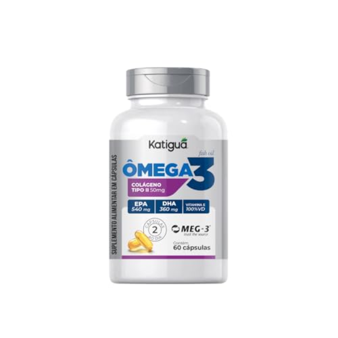 Katiguá, Ômega 3 + Colágeno Tipo II, MEG-3, EPA + DHA e Vitamina E, Fish Oil, 60 Cápsulas Soft Gel 30 doses, Branco