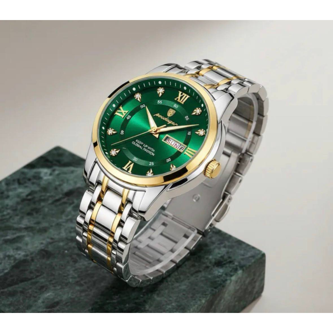 Relógio Poedagar Masculino Luxo Original Com Nota Fiscal Prateado Verde