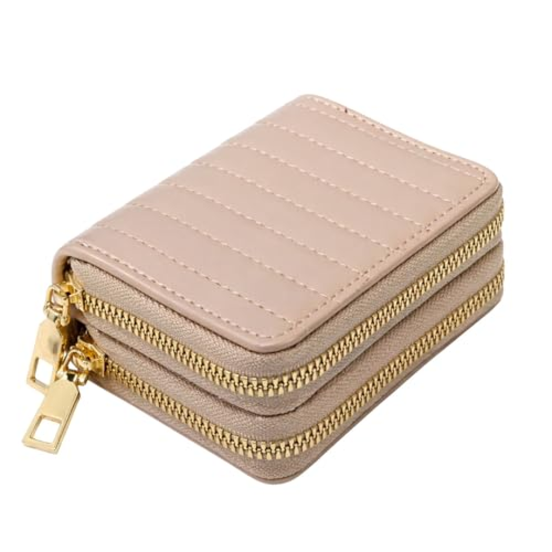 Carteira Feminina Couro sintético Compacta Casual Duplo Ziper Porta Cartão E Moedas (Caqui)