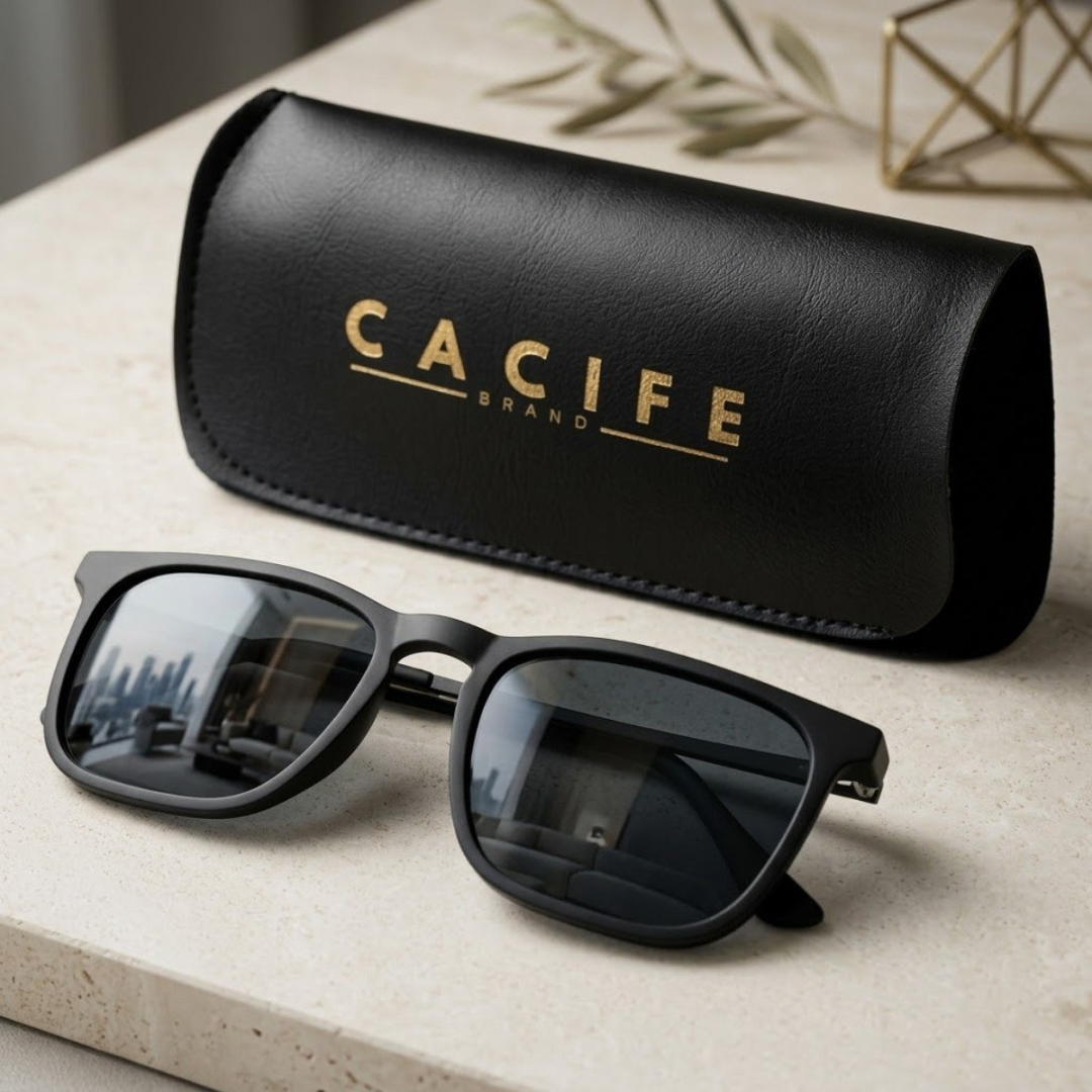 Óculos de Sol Quadrado Preto Proteção UV400 com Case