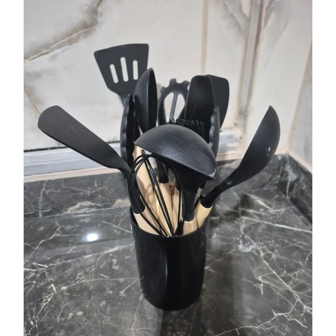Kit com 12 Utensílios de Cozinha Silicone Cabo Madeira