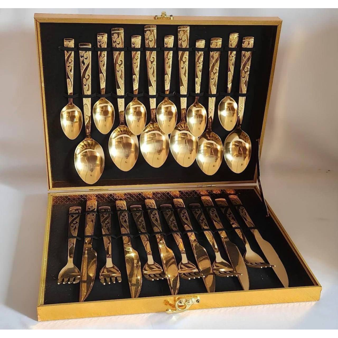 Eps-158 Kit Faqueiro Dourado Luxo Jogo Talheres Inox 24pçs + Maleta Sem Estampa