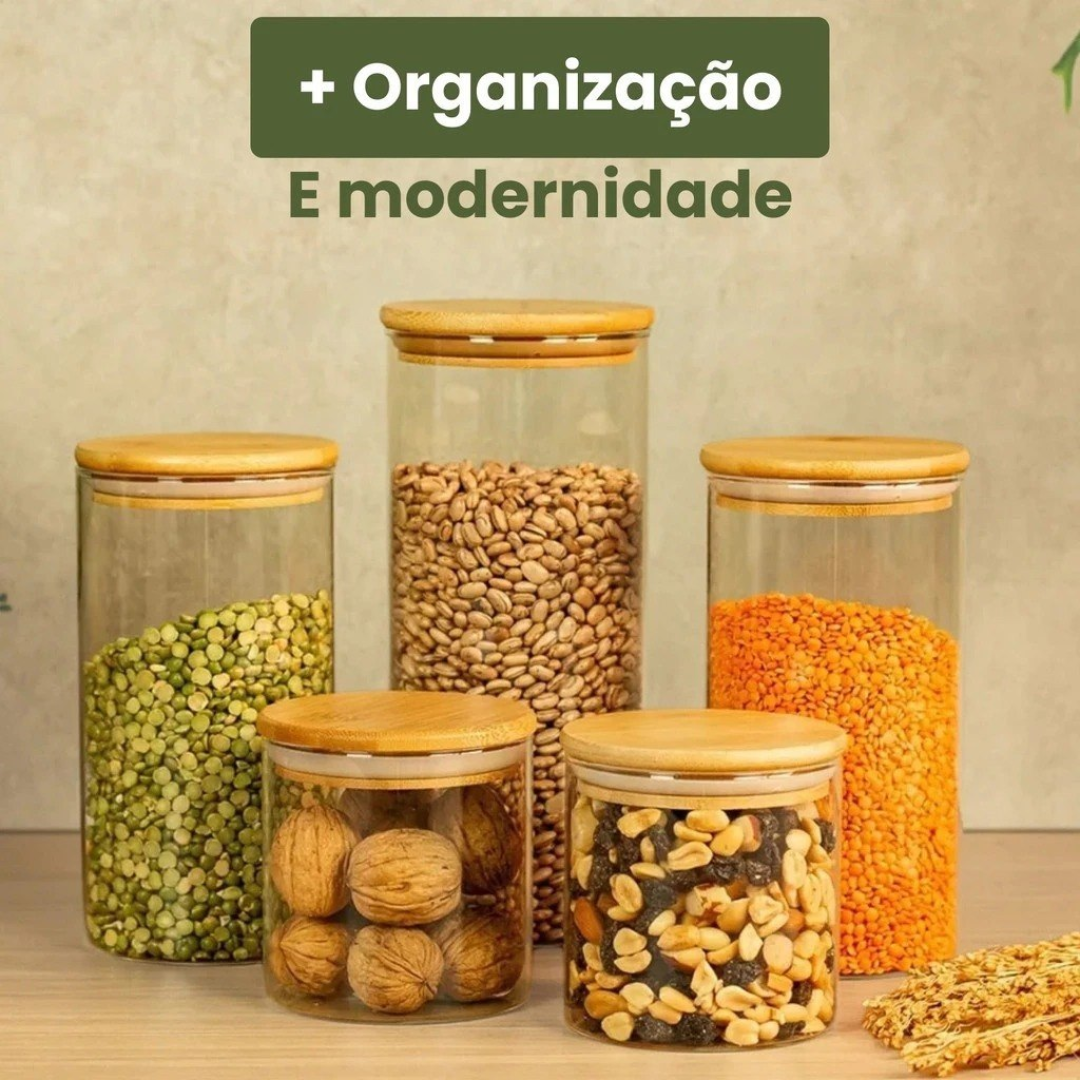 05 Potes de Vidro Hermético Transparente Tampa Bambu Porta Alimentos