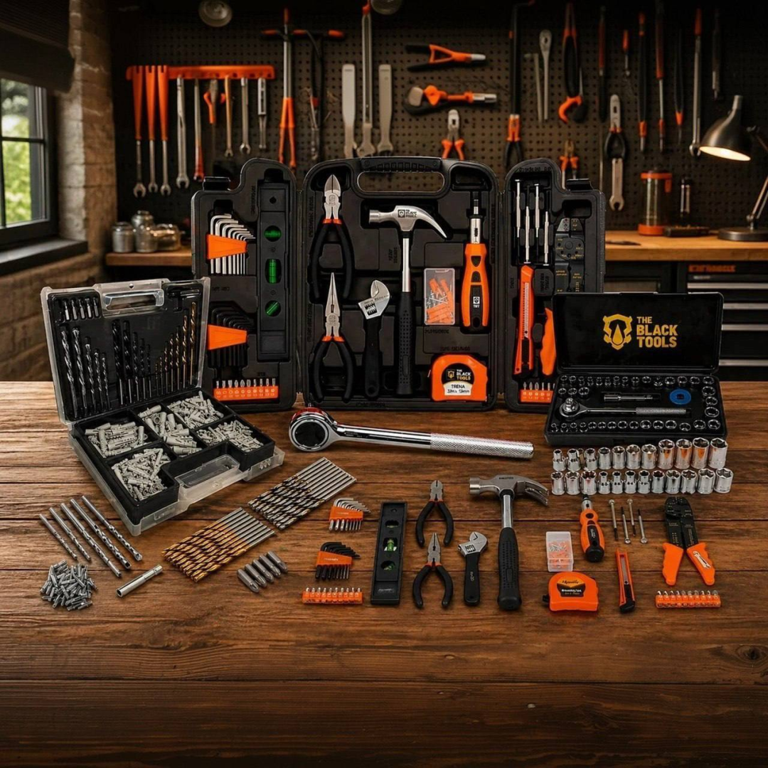 Kit Jogo De Ferramentas 129 Peças Com Jogo De 40 Soquetes Chaves E Kit 300 Peças Brocas E Buchas The Black Tools