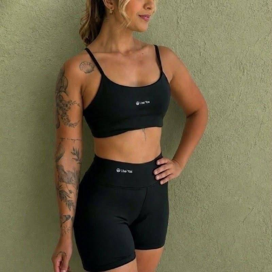 Conjunto Fitness Virginia Top Shorts Meia Coxa Cintura Alta
