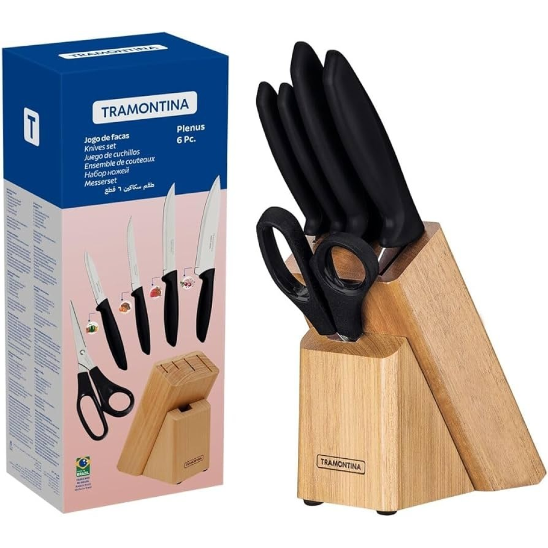 Tramontina jogo de facas plenus com 6 peças em aço inox e suporte de madeira