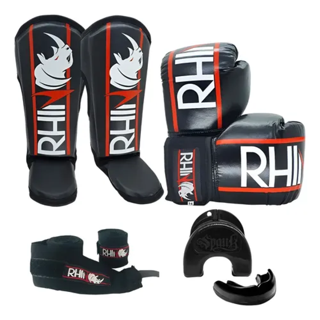 Kit Muaythai Kickboxing Com Luva Boxe Caneleira Bandagem Bucal