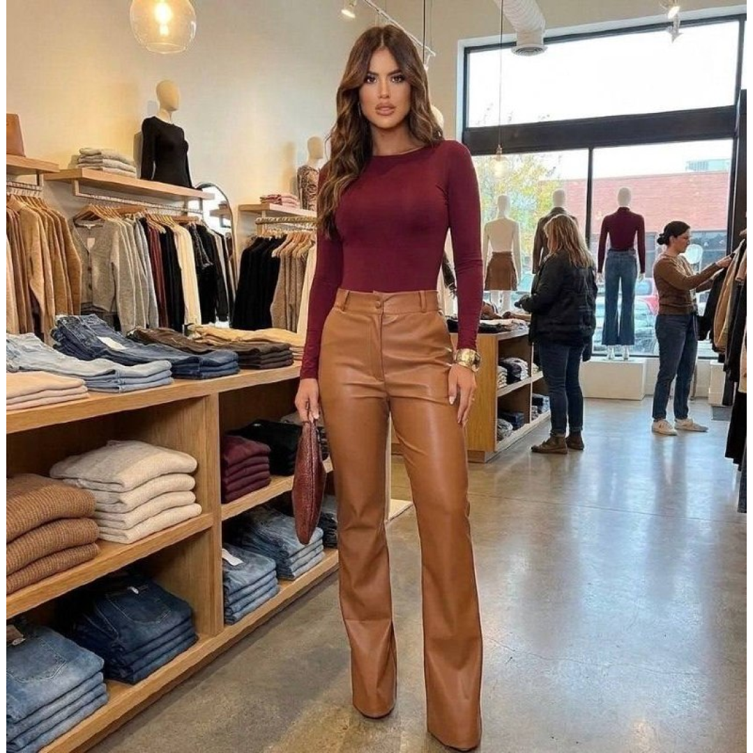 Calça Feminina Couro Preta Wide Leg Preto Off