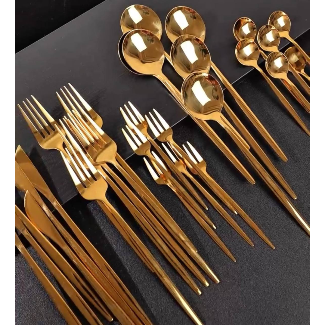 Kit Talheres 30 Peças Jogo De Talheres Inoxidável Faqueiro Dourado