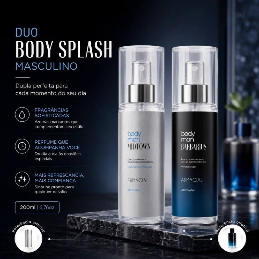 KIT BODY SPLASH MASCULINO BARBARIUS E MIDTOWN 200ML - PRIMACIAL PERFUME FRESCO AMADEIRADO