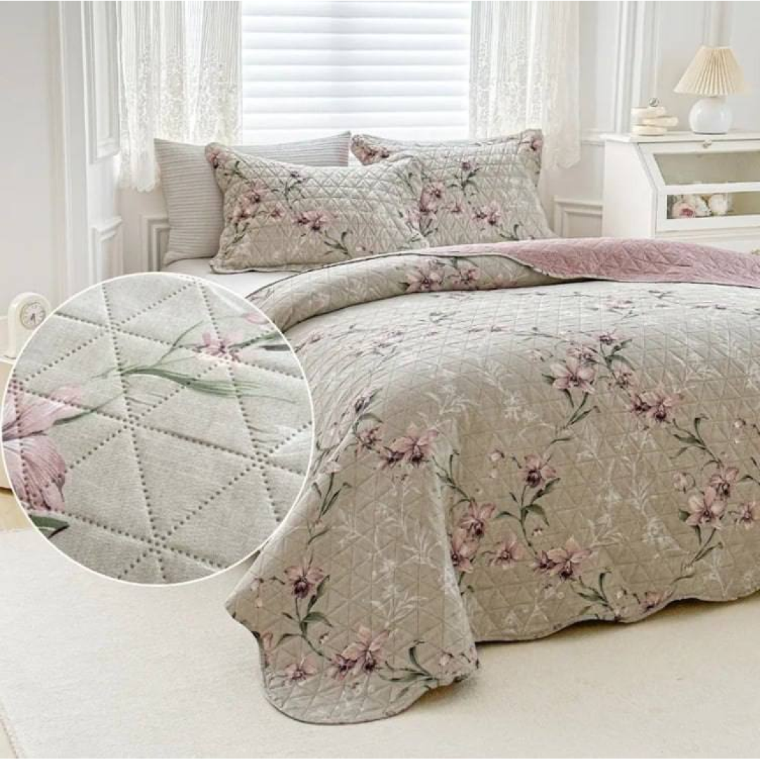 Kit Colcha Casal Bouti Cobre Leito Estampado 3 Pçs Arabesco Floral