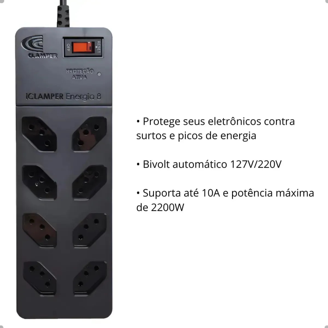 Filtro de Linha Clamper 8 Tomadas com DPS 1m Preto