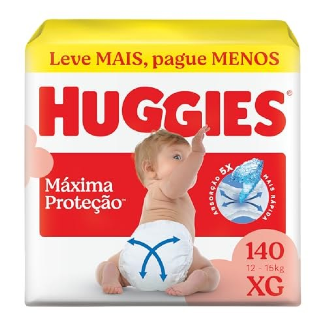 Fralda Descartável Huggies Máxima Proteção Tamanho Xg 140 unidades tecnologia Xtra-Flex, canais em X que se adaptam aos movimentos e máxima proteção