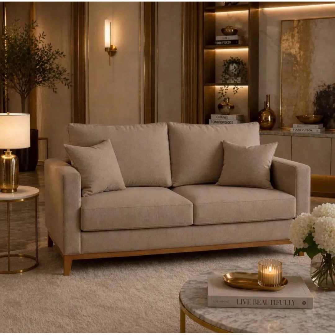 Sofá 1,40 Beny Living Linho Bege 2 Lugares Luxo Sala De Estar Recepção Clínica Escritório Acompanha 2 Almofadas Decorativas Mz Móveis Liso